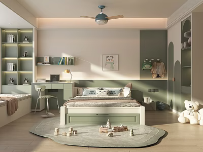 Kids Room Interior With Light Green White Walls Bed Desk Bookshelves Toys Teddy Bear Rug 3d model