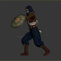 Traditional Warrior Man With Headscarf Holding Decorative Shield And Sword Against Gray Background