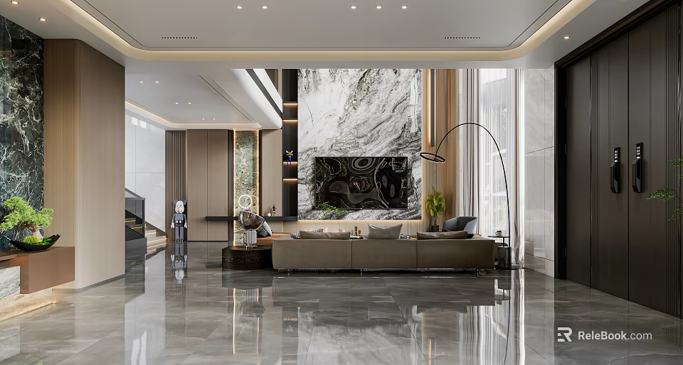 Modern Luxury Loft Living Room With Marble Wall And Sofa 3d model 