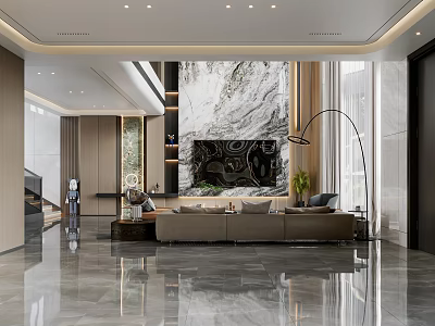 Modern Luxury Loft Living Room With Marble Wall And Sofa 3d model