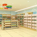 Bright Retail Store Interior With Shelves Full Of Various Products And Colorful Ceiling Decor