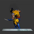 Wolverine Character Statue In Yellow Blue Costume With Claws And Red X Logo Base