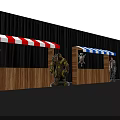 Wooden Stalls With Red White Blue Striped Awnings Green Skinned Monster Shield Emblem Dark Curtain Background