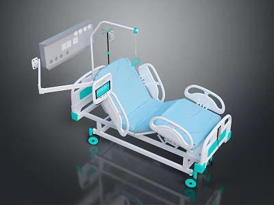 Adjustable Medical Bed With Blue Mattress Control Panel IV Pole And Wheels 3d model