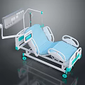 Adjustable Medical Bed With Blue Mattress Control Panel IV Pole And Wheels