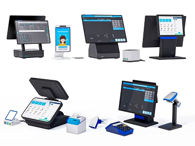 Modern Business Equipment Including POS Terminals Touchscreen Displays And Barcode Scanners 3d model