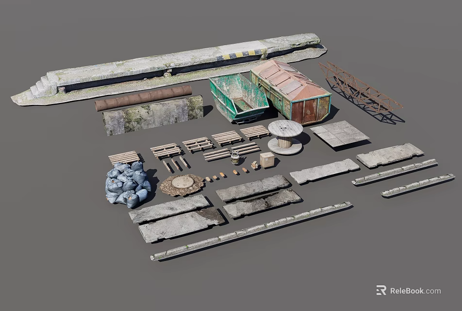 Scene Building Components Collection With Small Shed Stone Slabs Wooden Planks And Metal Structures 3d model 