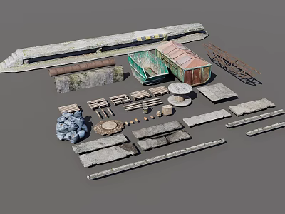 Scene Building Components Collection With Small Shed Stone Slabs Wooden Planks And Metal Structures 3d model
