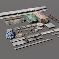Scene Building Components Collection With Small Shed Stone Slabs Wooden Planks And Metal Structures