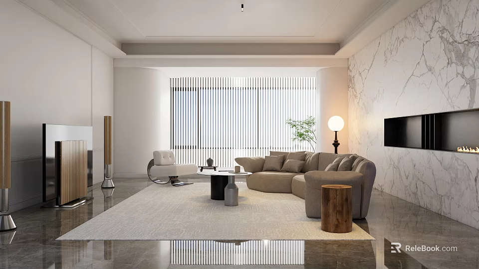 Modern Living Room Interior Design With Beige Sofa Large Windows Blinds And Area Rug 3d model 