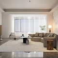 Modern Living Room Interior Design With Beige Sofa Large Windows Blinds And Area Rug
