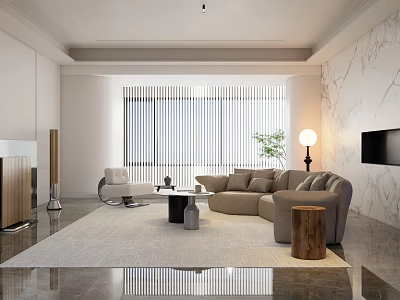 Modern Living Room Interior Design With Beige Sofa Large Windows Blinds And Area Rug 3d model