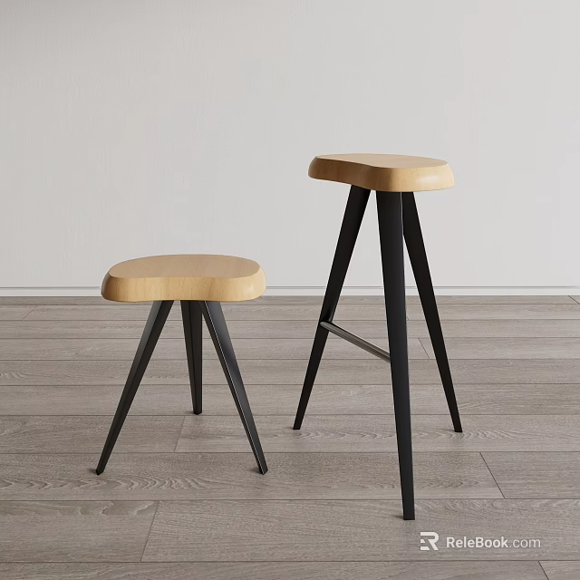 Minimalist Bar Stools With Wooden Seats And Black Metal Legs On Light Wooden Floor 3d model 