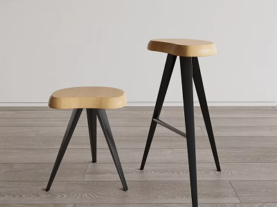 Minimalist Bar Stools With Wooden Seats And Black Metal Legs On Light Wooden Floor 3d model