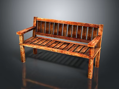 Rustic Solid Wood Bench With Slatted Seat Backrest And Armrests Design 3d model