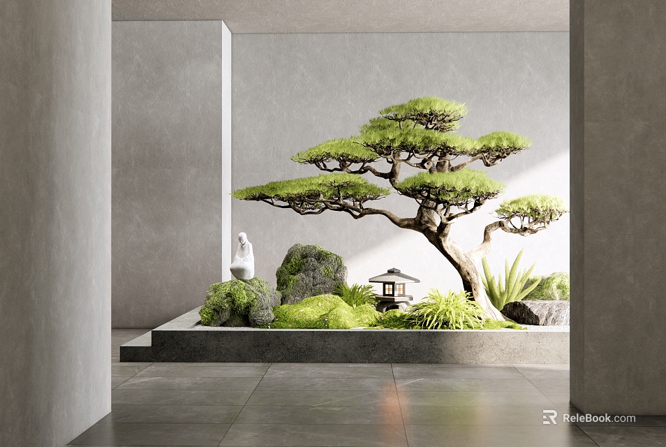 Indoor Landscape With Pine Tree Rocks Stone Lantern Green Plants And Gray Walls 3d model 