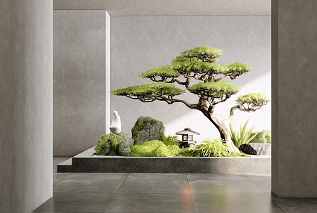 New Chinese Style Indoor Landscape Courtyard Sketch Moss Stone Welcome Pine Plant Landscape Flowers and Plants Combination 3d model