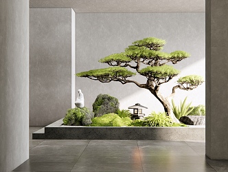 New Chinese Style Indoor Landscape Courtyard Sketch Moss Stone Welcome Pine Plant Landscape Flowers and Plants Combination 3d model