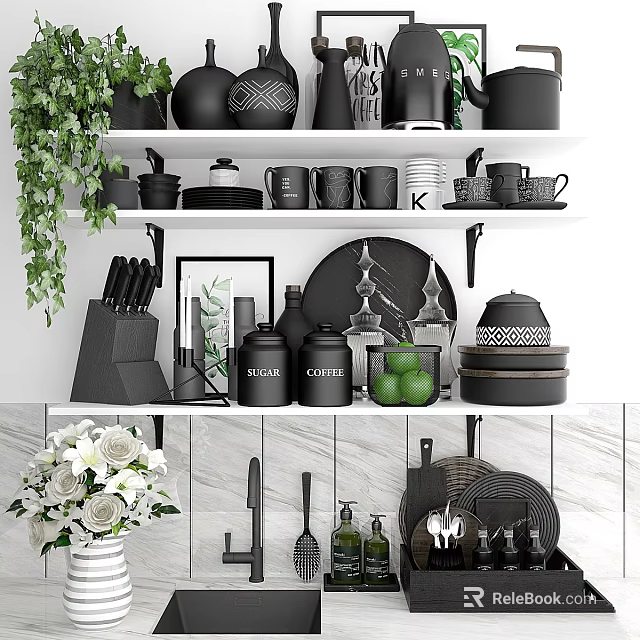 Black White Decorative Ornament Set with Green Plants Mugs Plates Vase for Kitchen Marble Shelves 3d model 