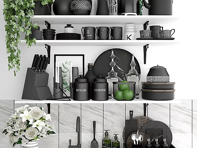 Black White Decorative Ornament Set with Green Plants Mugs Plates Vase for Kitchen Marble Shelves 3d model