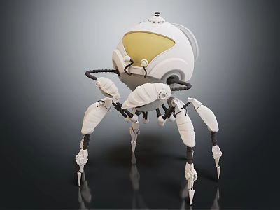 Smart Robot With Spherical Head And Yellow Panel Multiple Mechanical Legs And White Body Design 3d model