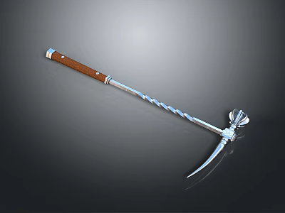 Ancient Weapon With Wooden Handle And Silver Spiral Metal Pickaxe Head 3d model