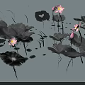 Ink Painting Style Pink Lotus Flowers And Black Leaves On Water Surface