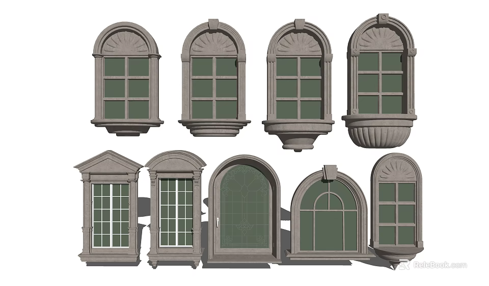 Various Decorative Window Styles Including Arched Rectangular And Classic Frames 3d model