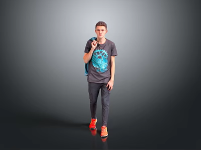 Man Wearing Gray T-shirt Blue Graphic Dark Pants Orange Shoes With Backpack Against Gray Background 3d model