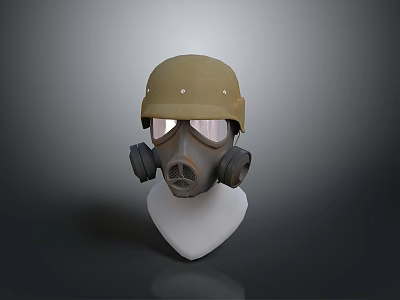 Military Weapon Related Protective Gas Mask And Helmet Displayed On Mannequin 3d model