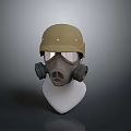 Military Weapon Related Protective Gas Mask And Helmet Displayed On Mannequin