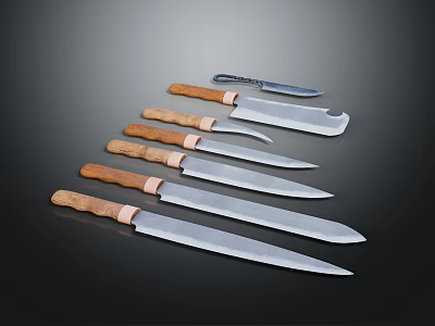 Sharp Weapons Knives With Wooden Handles And Metal Blades Different Sizes Arranged Neatly 3d model