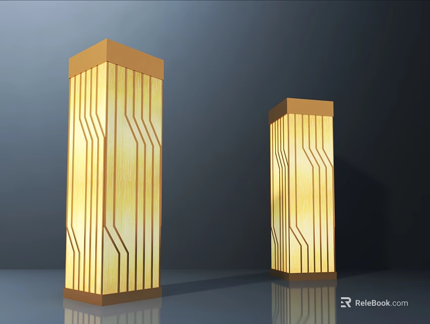 Golden Yellow Column Shaped Outdoor Lights With Geometric Line Design And Brown Base 3d model 