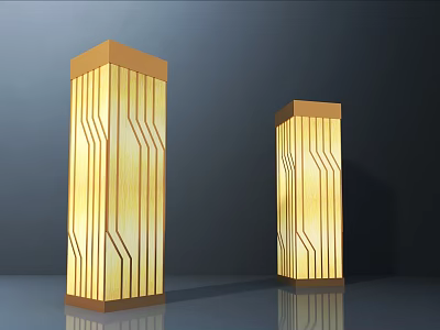 Golden Yellow Column Shaped Outdoor Lights With Geometric Line Design And Brown Base 3d model