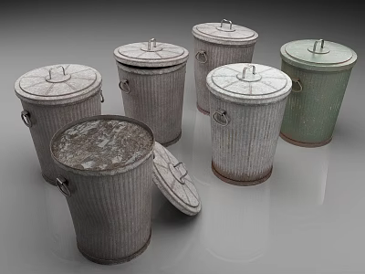 Vintage Metal Buckets With Lids Some Open And Textured Surfaces In Various Colors 3d model