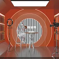 Modern Scene With Orange Circular Background Silver Figure Round Table And Chair