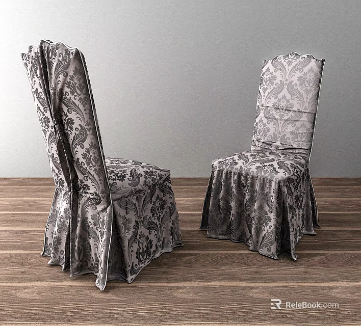 Elegant Gray Patterned Dining Chairs With Skirted Design On Wooden Floor Background 3d model