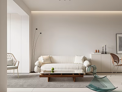 Modern Living and Dining Room Interior With White Sofa Wooden Coffee Table And Glass Chair 3d model