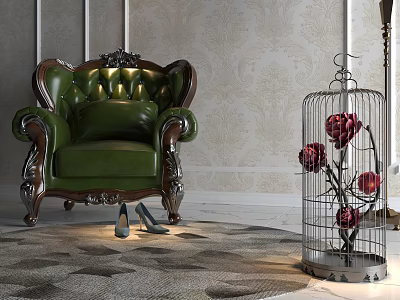 Elegant Green Leather Single Sofa With Carved Wooden Frame And Metal Birdcage Red Flowers 3d model