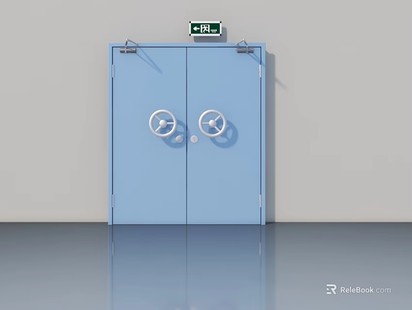 Blue Hinged Doors Featuring Round Handles and Green Exit Sign on Top 3d model 