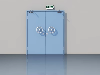 Blue Hinged Doors Featuring Round Handles and Green Exit Sign on Top 3d model