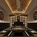 Japanese Restaurant Interior With Red Ceiling White Pendant Lights Round Lotus Painting And Lattice Walls