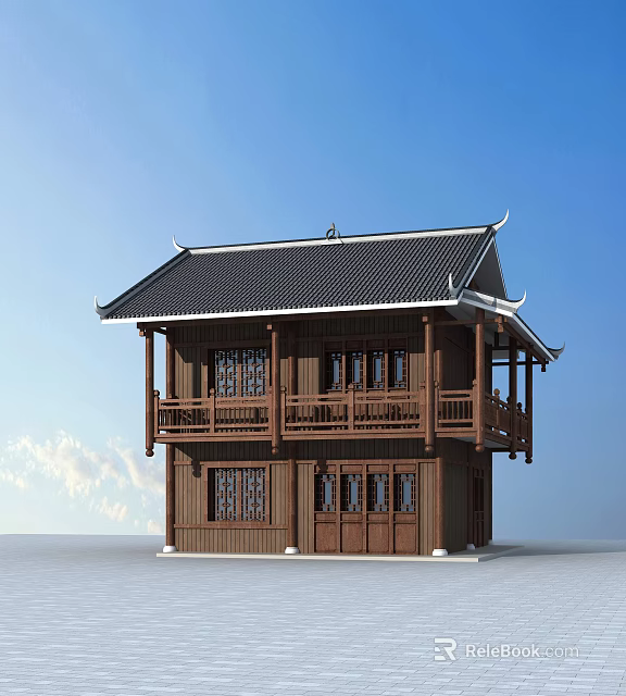 Traditional Ancient Architecture Two Story Wooden Structure With Black Tiled Roof And Upturned Eaves 3d model 