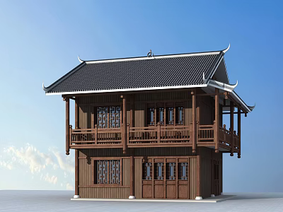 Traditional Ancient Architecture Two Story Wooden Structure With Black Tiled Roof And Upturned Eaves 3d model