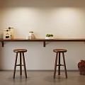 Wooden Bar Counter with Two Stools Box Cup Small Plant and Clay Pots in Simple Beige Interior
