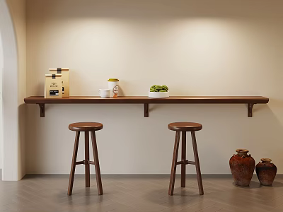 Wooden Bar Counter with Two Stools Box Cup Small Plant and Clay Pots in Simple Beige Interior 3d model