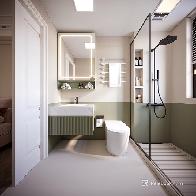 Modern Bathroom With Vanity Mirror Toilet And Shower 3d model