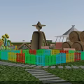 Scenic Green Lawn Planned Area With White Tents Maze Hay Bales And Paths