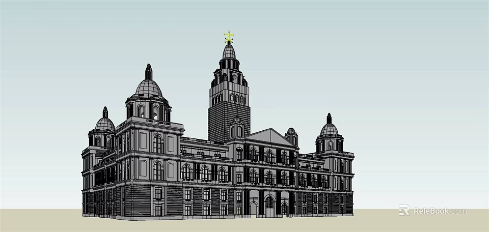 Grand Classical Office Building With Domes Central Tower And Symmetrical Design 3d model 