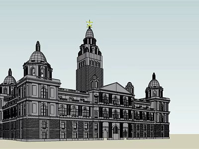 Grand Classical Office Building With Domes Central Tower And Symmetrical Design 3d model